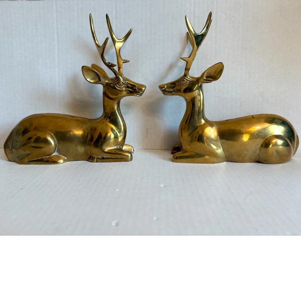 Vintage Large Solid Brass Reclining Deer Figurines Set of 2 MCM Buck Statues 8